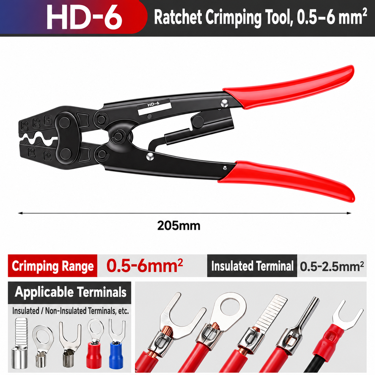 HD-6, crimpadora manual de carraca, 0.5–6 mm²