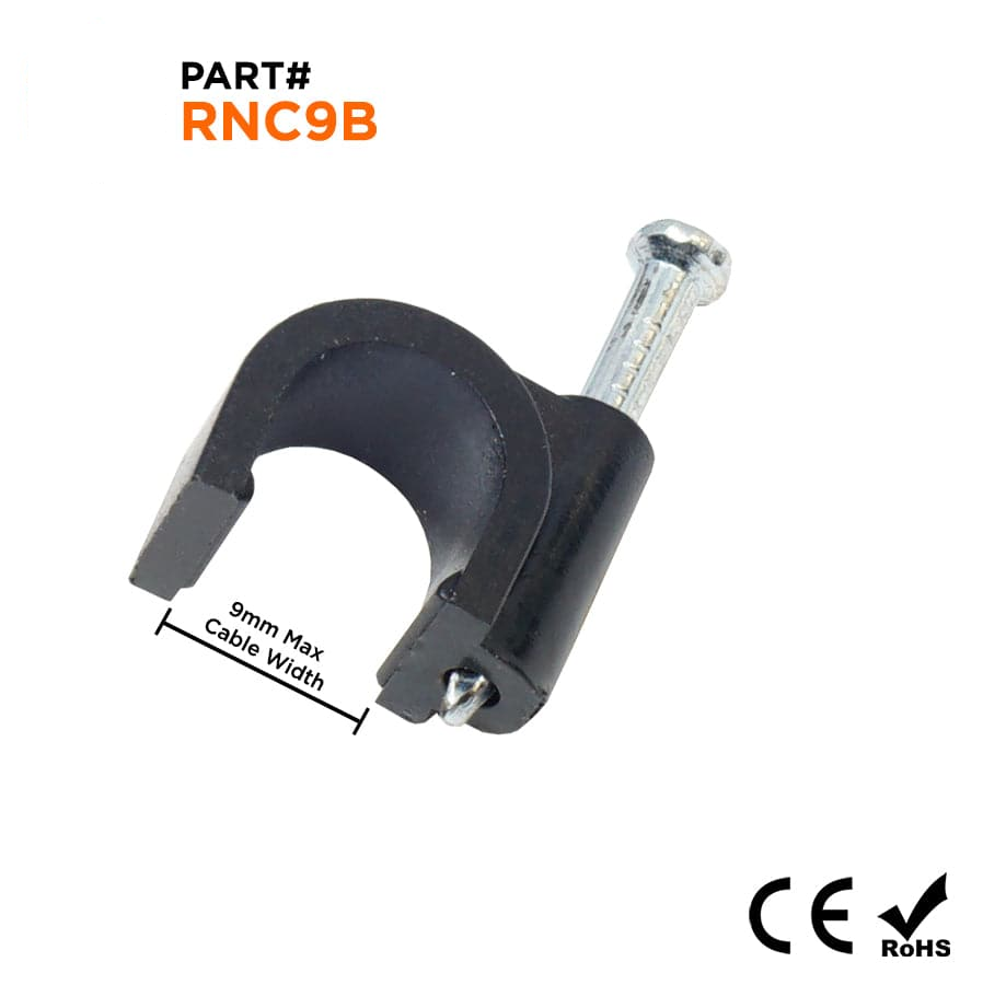 Nail In Cable Grapas, Ethernet Cable Nails Tacks, Round, 9mm, 0.35", Negro, 100 piezas - RNC9B