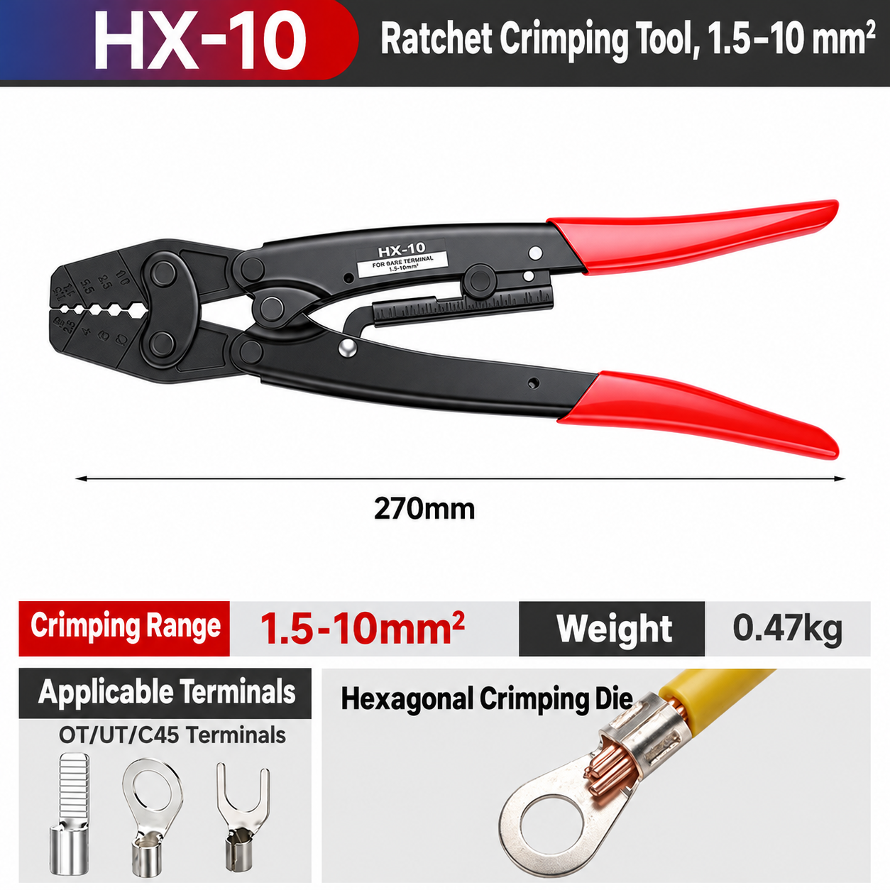 HX-10, crimpadora manual de carraca, 1.5–10 mm²