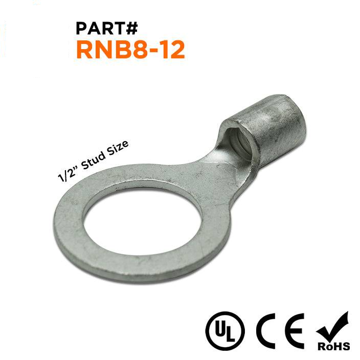 8 AWG Sin aislamiento Terminales de anillo, 1/2" Orificio, UL Approved, 25 piezas - RNB8-12