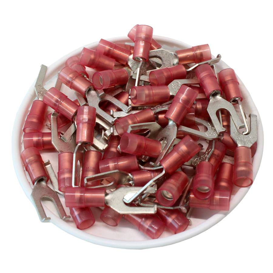 FSNYDL1-4 - 22 a 16 AWG Con aislamiento de nailon Flange Terminales de horquilla, #8 Orificio, Double Crimp, 100 piezas