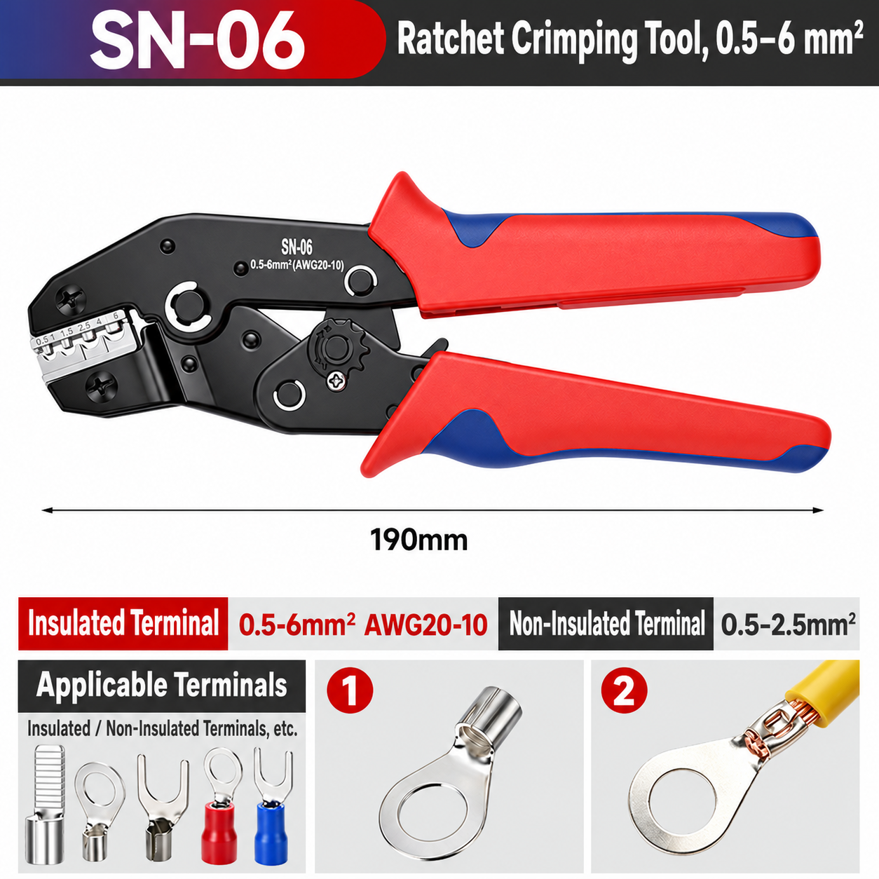 SN-06, crimpadora manual de carraca, 0.5–6 mm²