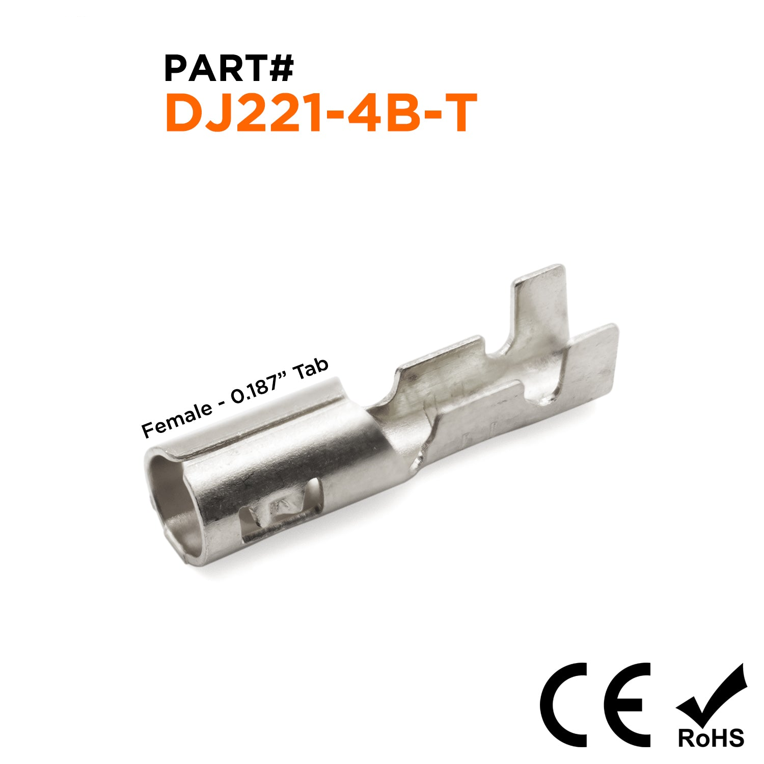 DJ221-4B-T - 18 to 16 AWG Open Barrel Bullet Connectors, Female, Tin Plated Brass, 0.187" Tab, 100 Pieces