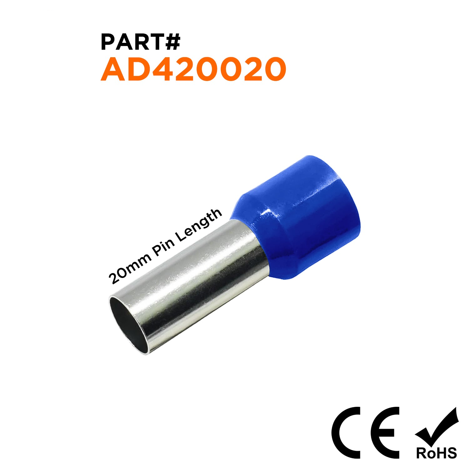 AD420020 - 1 AWG (Small Diameter) Insulated Wire Ferrules, 20mm Pin, Blue, 50 Pieces