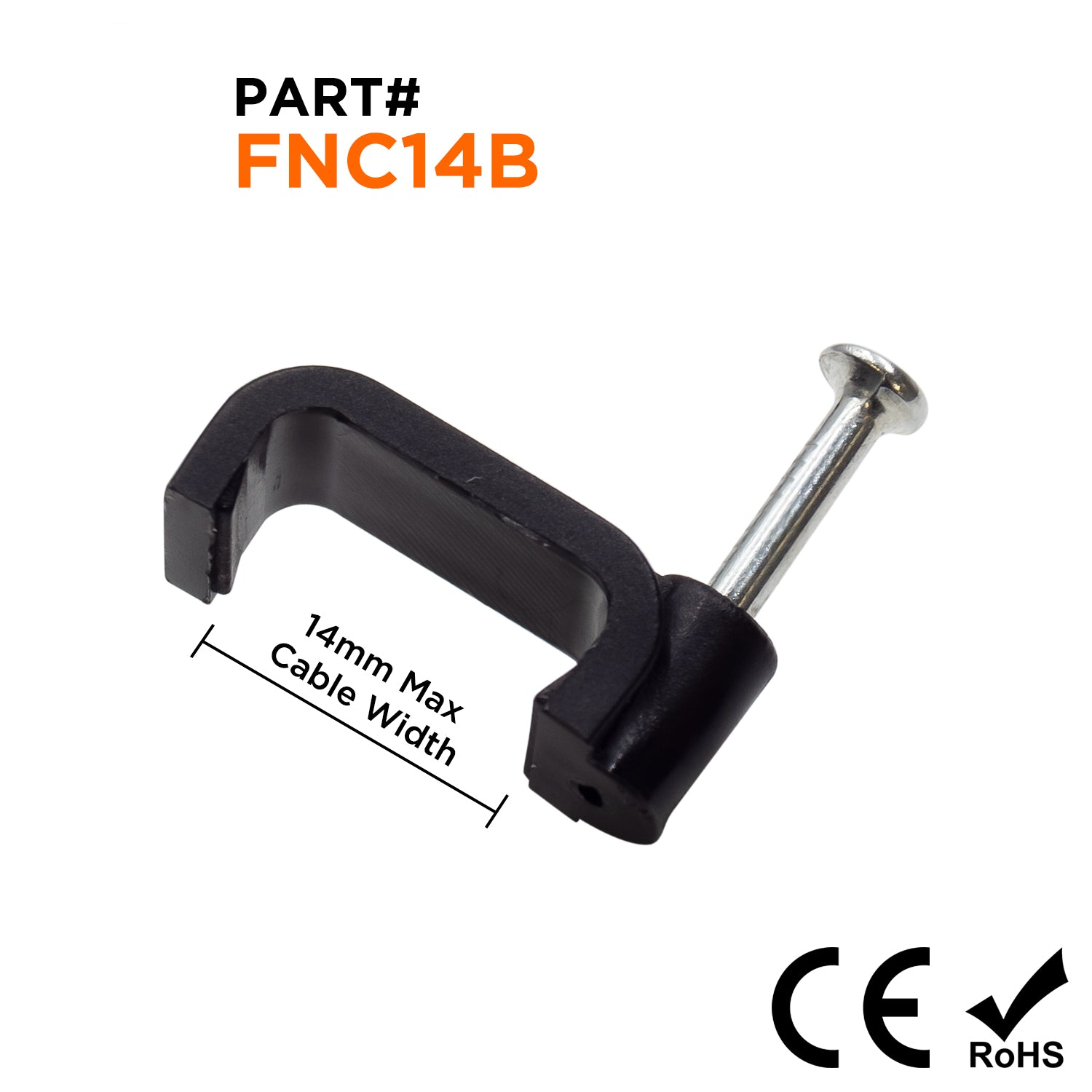 FNC14B - Nail In Cable Grapas, Cable Nails Tacks, Flat, 14mm, 0.55", Negro, 100 piezas