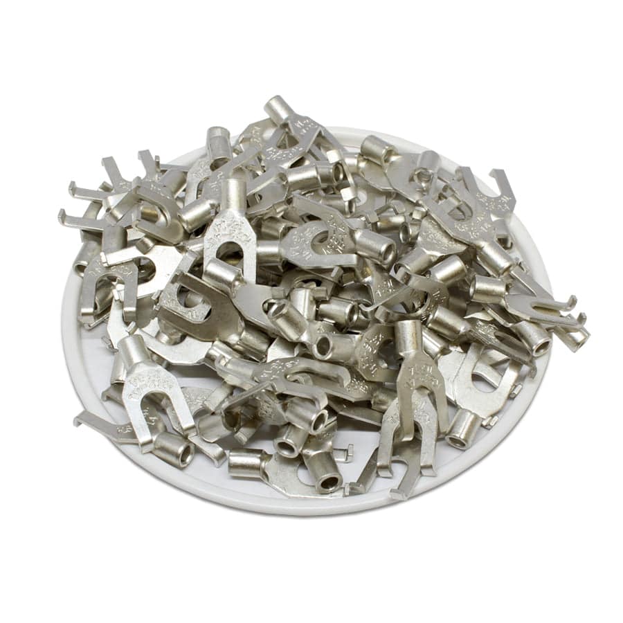 FSNBL2-4 - 16 to 14 AWG Non Insulated Flange Spade Terminals, #8 Stud, UL Recognized, 100 Pieces