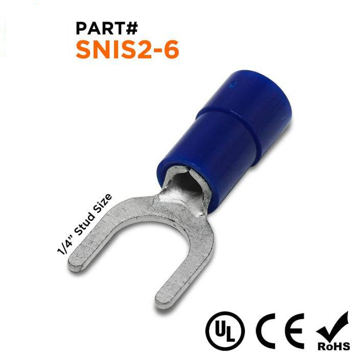 SNIS2-6 - 16 to 14 AWG Polycarbonate Spade Terminals, 1/4" Stud, 100 Pieces