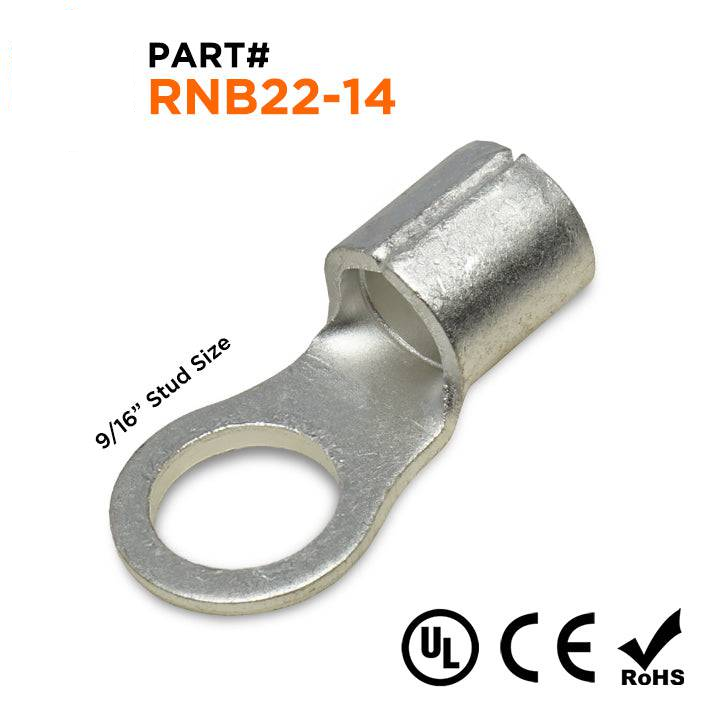 RNB22-14 - 4 AWG Non Insulated Ring Terminals, 9/16" Stud, UL Recognized, 25 Pieces