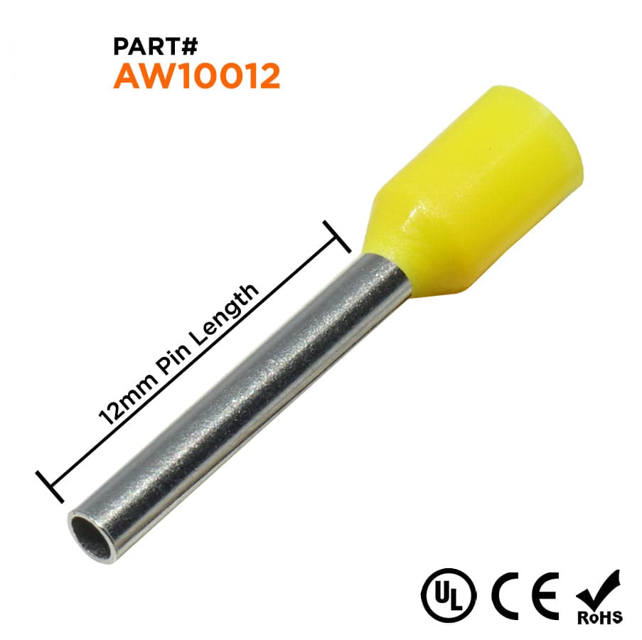 AW10012 - 18 & 17 AWG Insulated Punteras, 12mm Pin, Amarillo, UL Recognized, 500 piezas