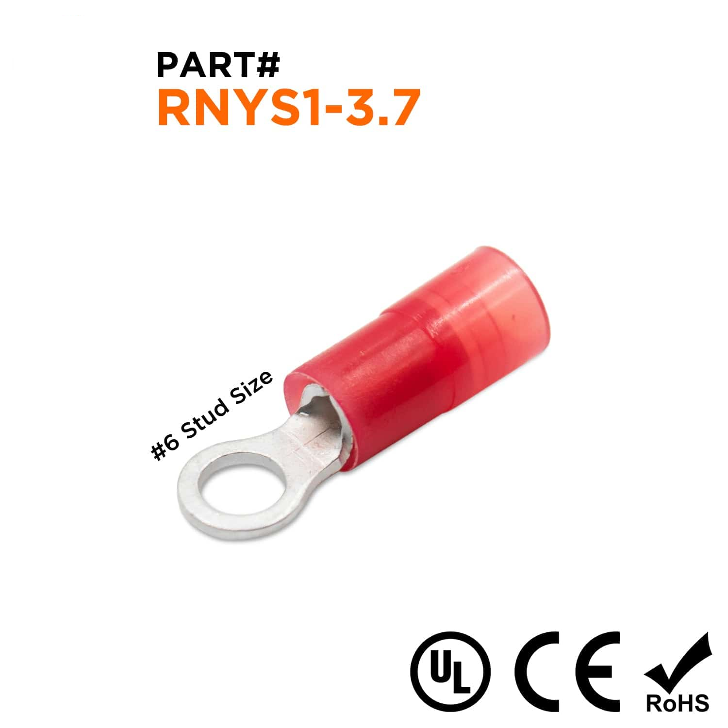 22-16 AWG Nylon Insulated Ring Terminals, #6 Stud, Butted Seam, 100 Pieces - RNYS1-37