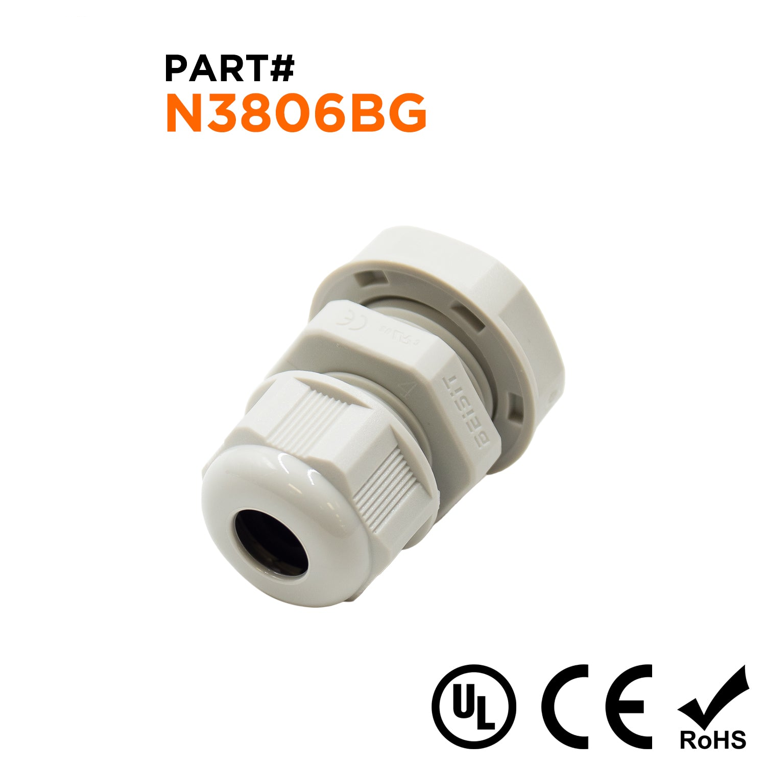 N3806BG - 3/8" NPT Thread Nylon Cable Gland, Beige, Range: 1/16" to 1/4", UL Listed, IP68, IP69K - 1 Piece