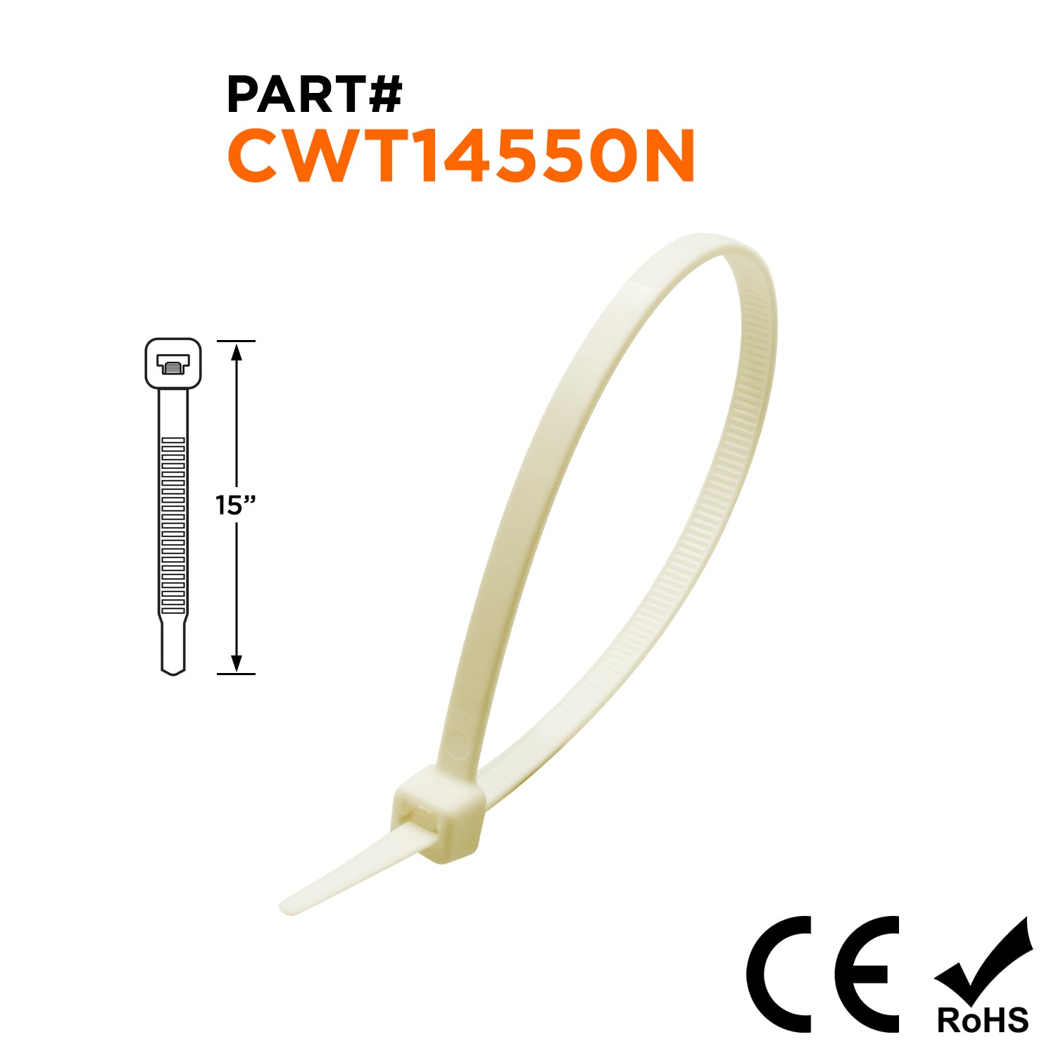 CWT14550 - 14 1/2" Extreme Temperature Standard Cable Ties, 50-lb Tensile Strength, Natural, 100-Pack