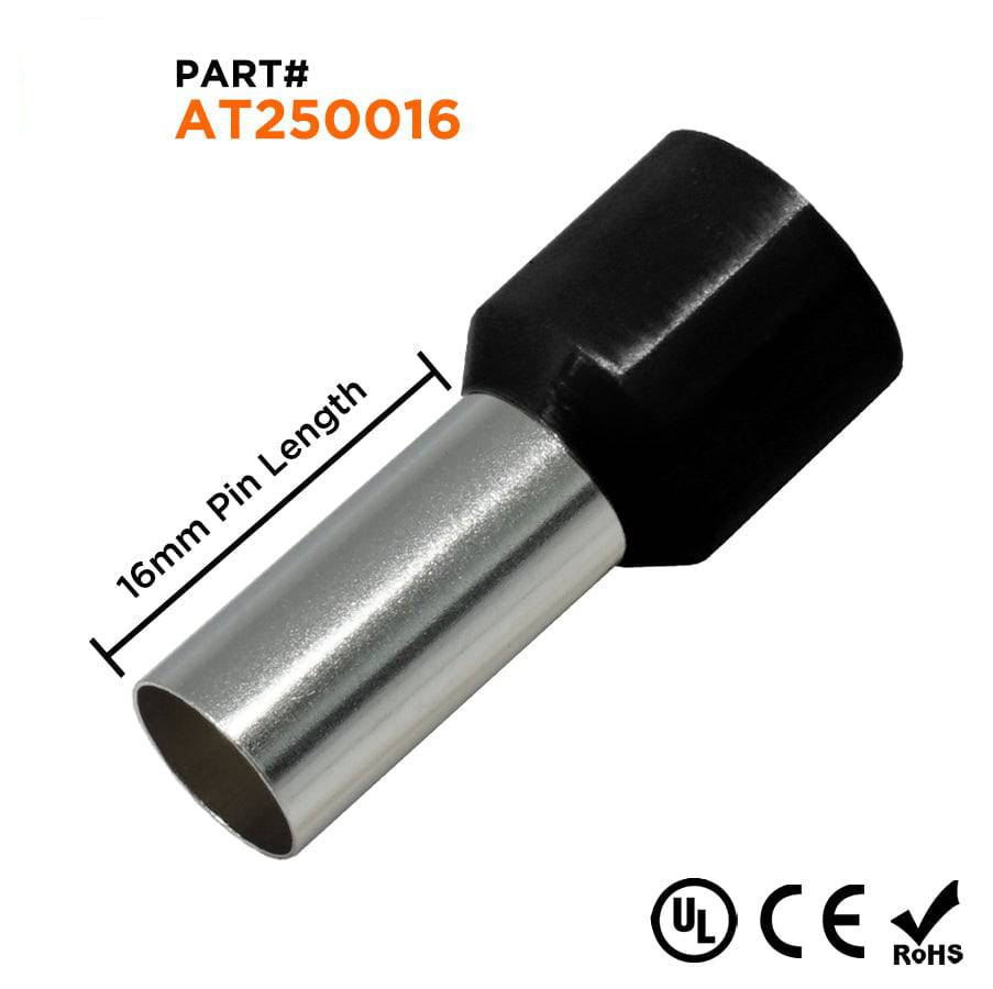 AT250016 - 4 AWG Insulated Wire Ferrules, 16mm Pin, Black, UL Recognized, 100 Pieces