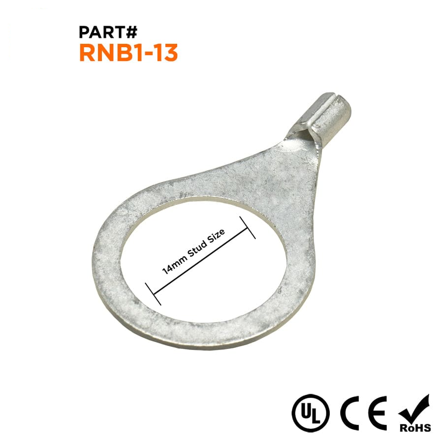 RNB1-13 - 22 a 16 AWG Sin aislamiento Terminales de anillo, 17/32" Orificio, UL Recognized, 50 piezas