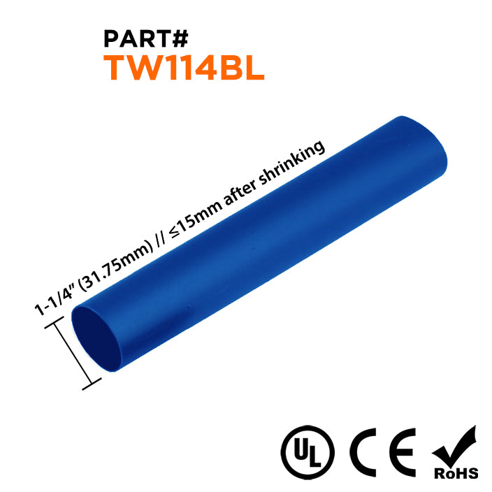TW114BL - 1-1/4" De pared fina Tubo termorretráctil, 2:1 Relación de contracción, Azul, Bobina de 100ft