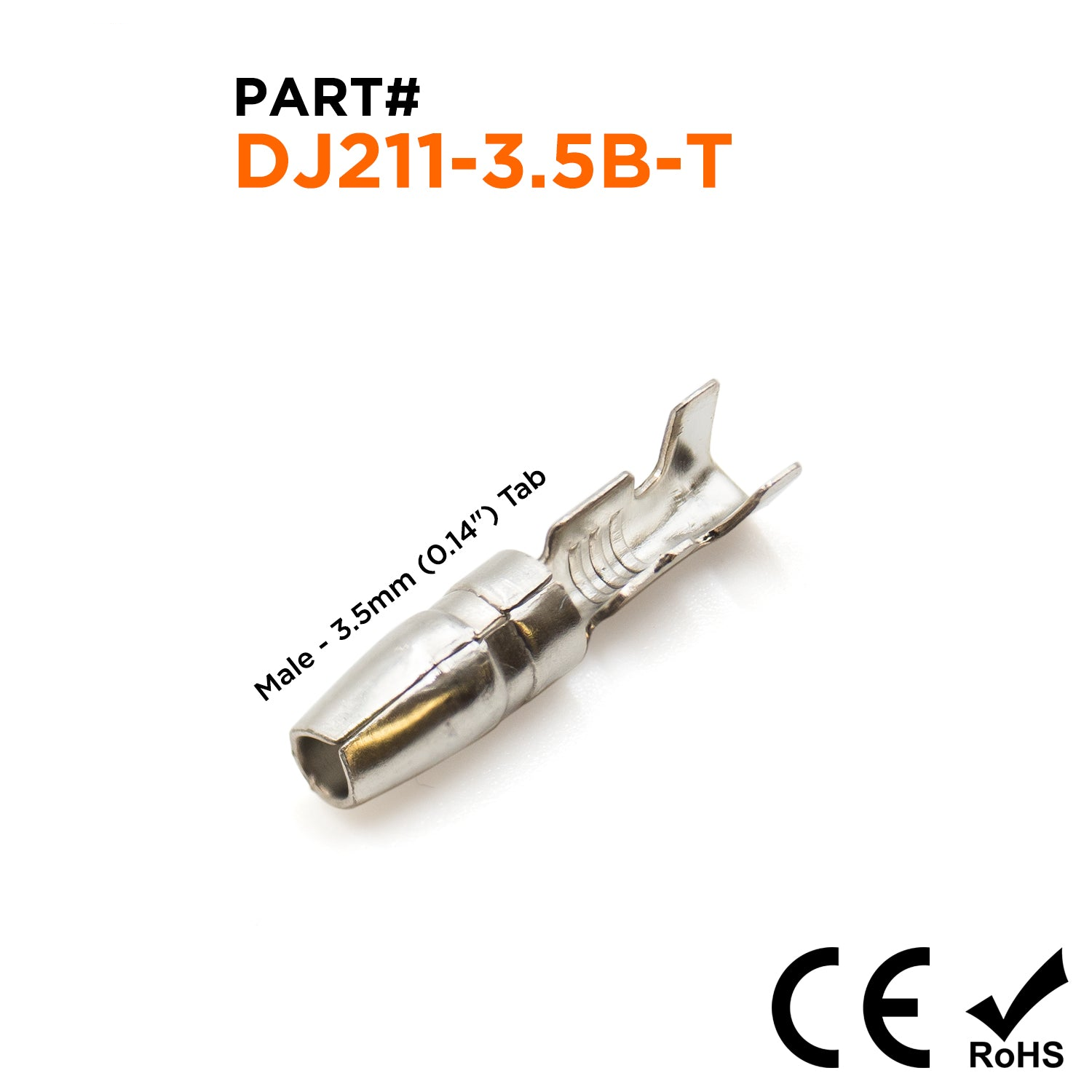 DJ211-3.5B-T - 18 to 16 AWG Open Barrel Bullet Connectors, Male, Tin Plated Brass, 0.14" Tab, 100 Pieces