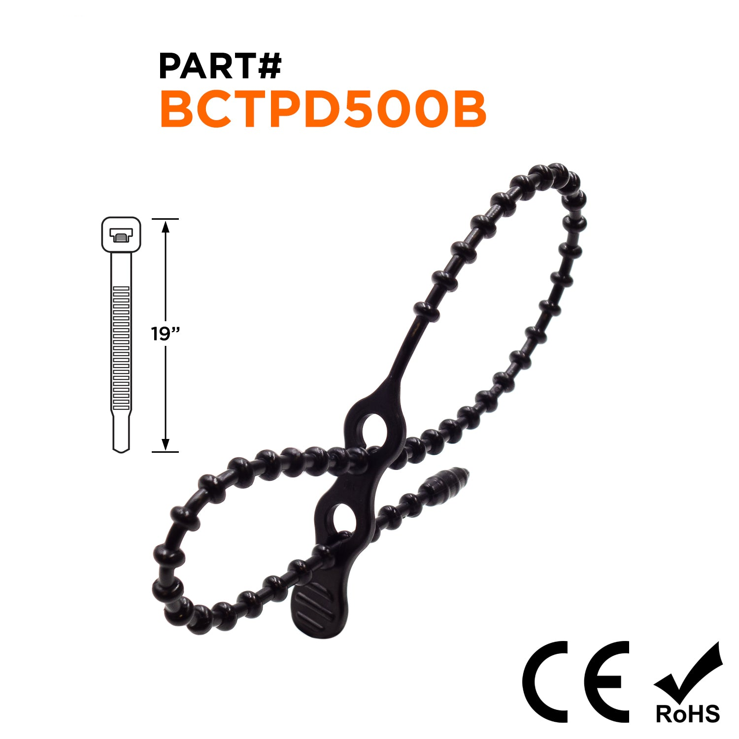 BCTPD500B - 19" Standard Double Loop Beaded Polyethylene Reusable Cable Ties, 80-lb Tensile Strength, Black, UV Resistant, 100-Pack
