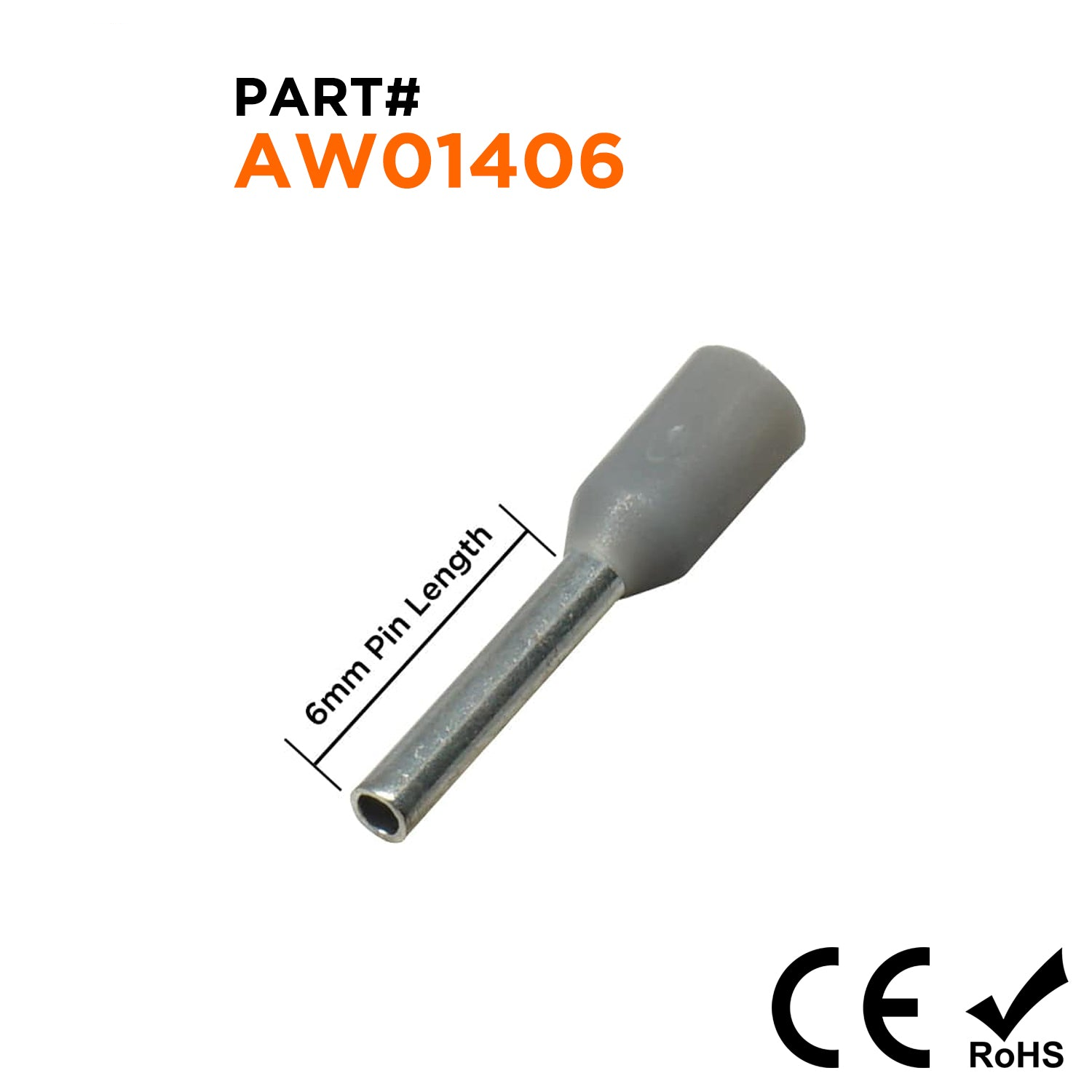 AW01406 - 26 AWG Insulated Wire Ferrules, 6mm Pin, Gray, 500 Pieces