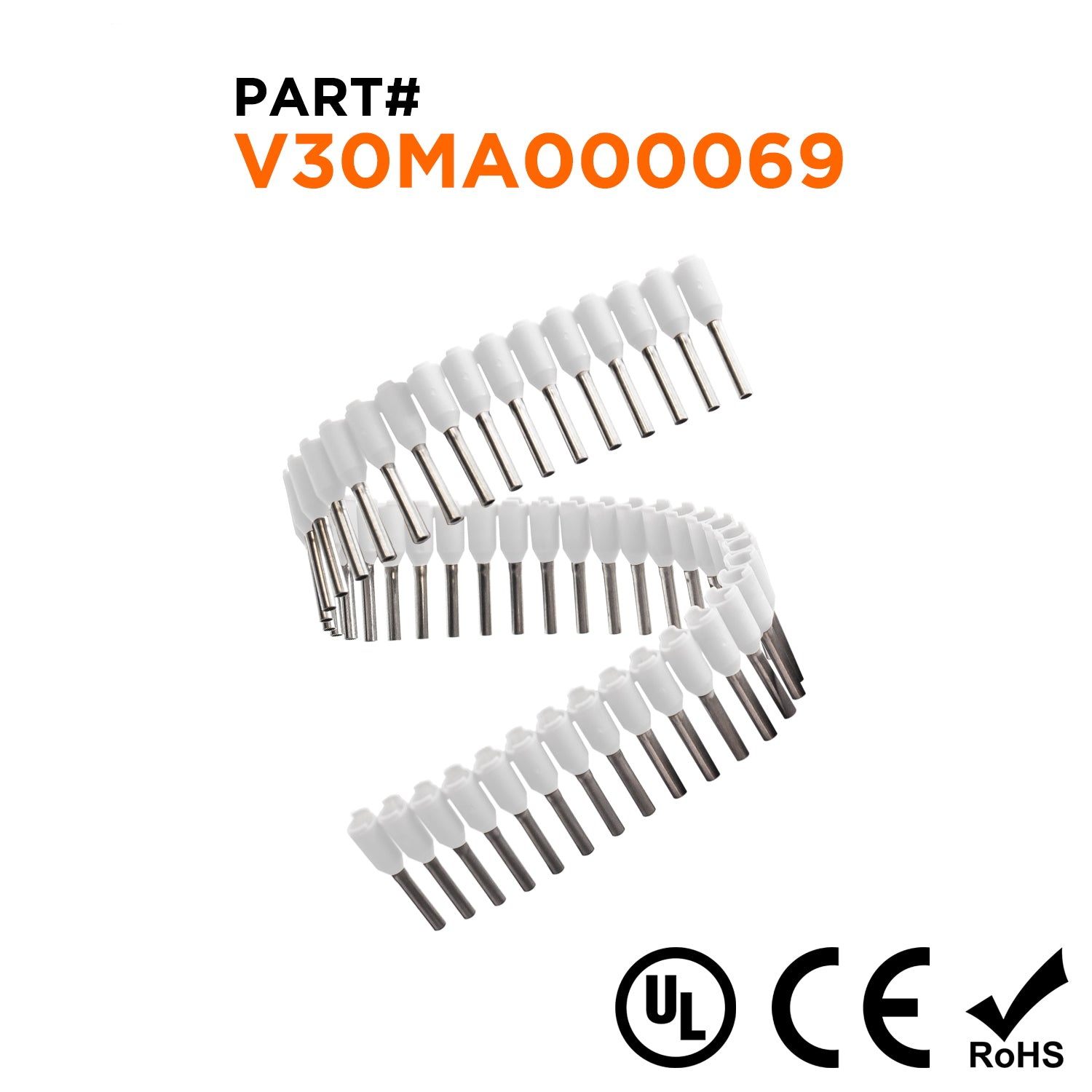 Z+F V30MA000069 - 22 AWG Insulated Punteras Strips, 8mm Pin, Blanco, 500 piezas