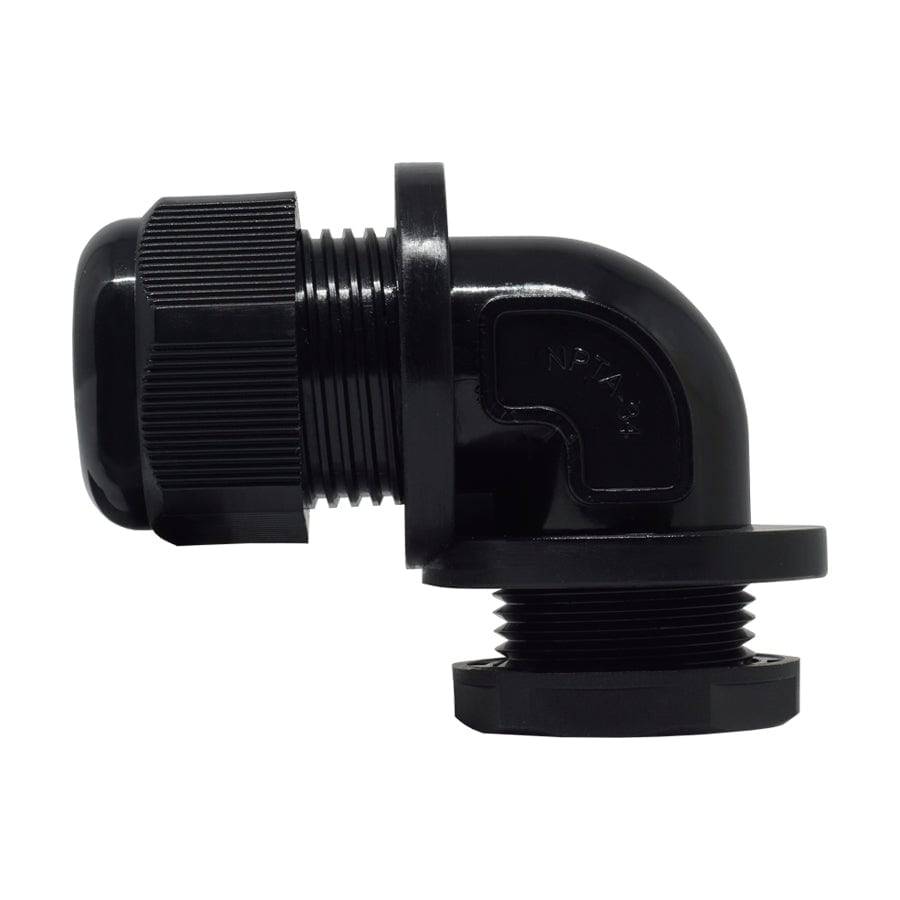 NPTA34-BK - 3/4" NPT Rosca De nailon Prensaestopas, Negro, Right Angle, IP68, 13-16mm Rango, 1 pieza