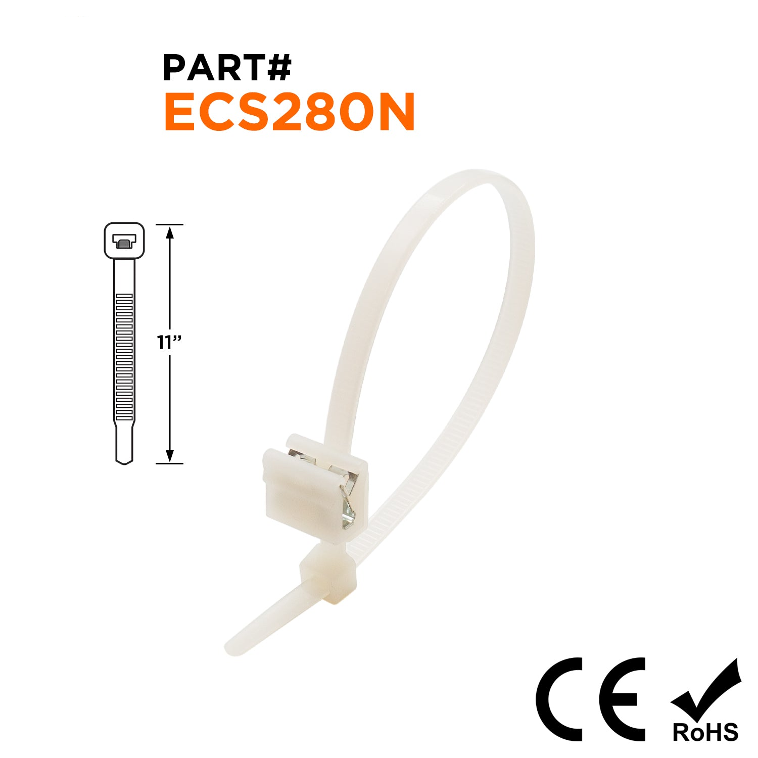 ECS280N - 11" Standard Cable Ties with Edge Clip Mount, 50-lb Tensile Strength, Natural, 100-Pack