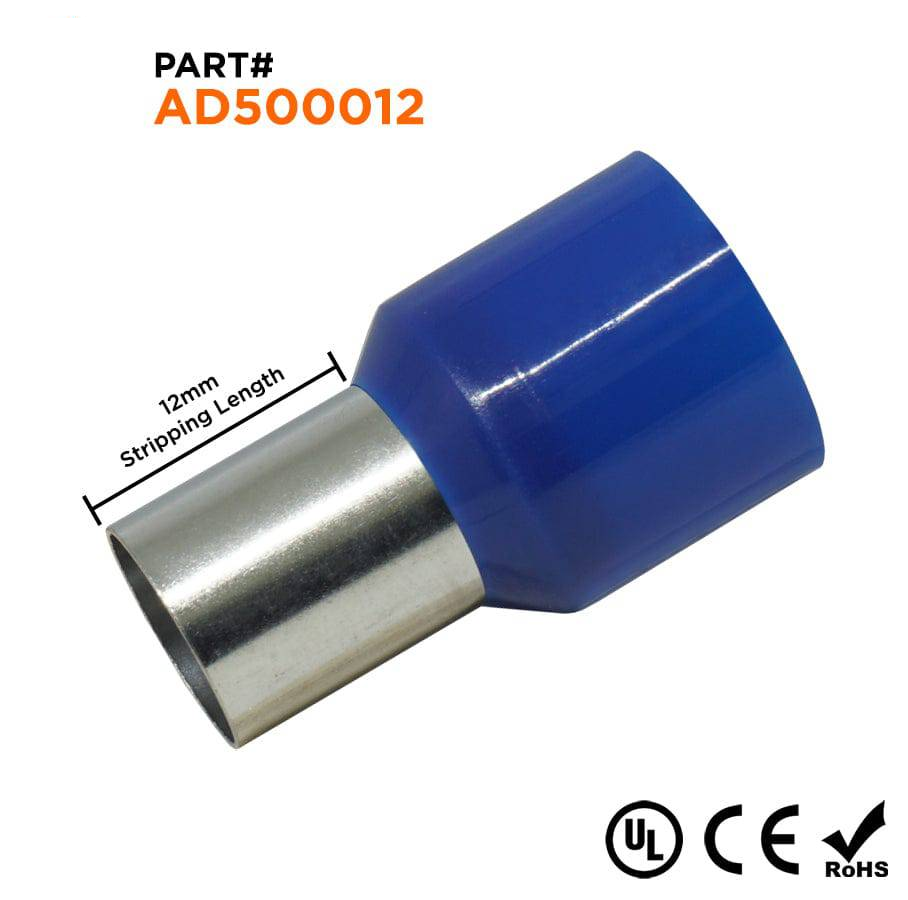 AD500012 - 1 AWG Single Insulated Punteras, 12mm Pin, Azul, UL Recognized, 50 piezas
