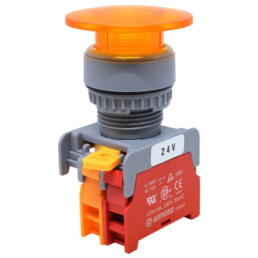 LXE22-7/C-YL - 22mm Illuminated Mushroom Head Push Button - 24V - Amarillo