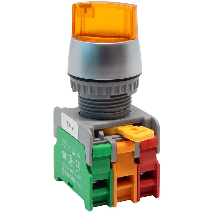 SL22-1O/C-24-YL - Illuminated Twist Knob Switch - 2 Contact (1O/C) - 2 Positions (1-2) - 24V Amarillo
