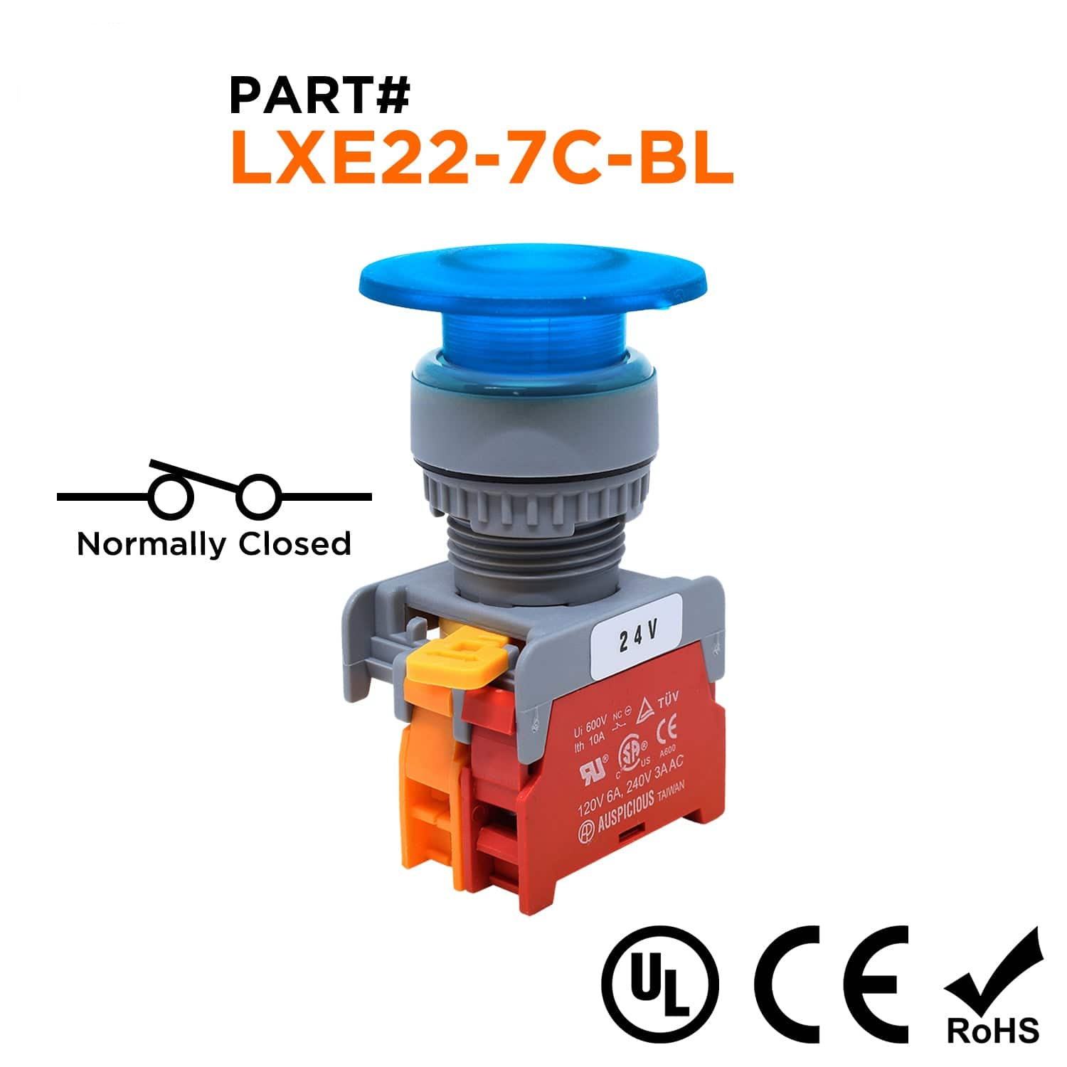 LXE22-7/C-BL - 22mm Illuminated Mushroom Head Push Button - 24V - Azul, 1 pieza