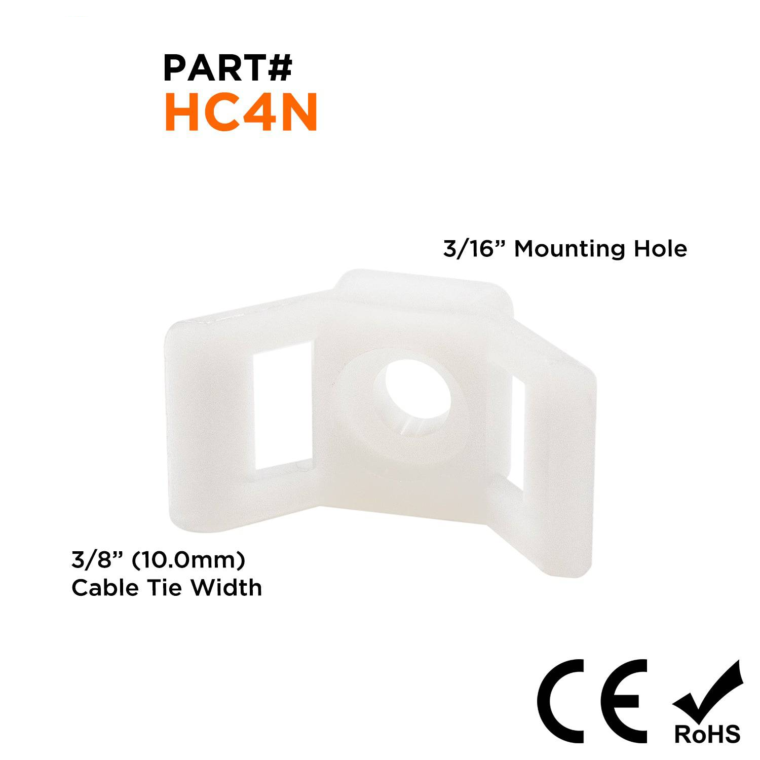 HC4N - 1-1/8"L x 9/16"W Nylon Saddle Tie Mounts - Tie Width: 3/8", Screw Width: 3/16", Natural, 100 Pieces