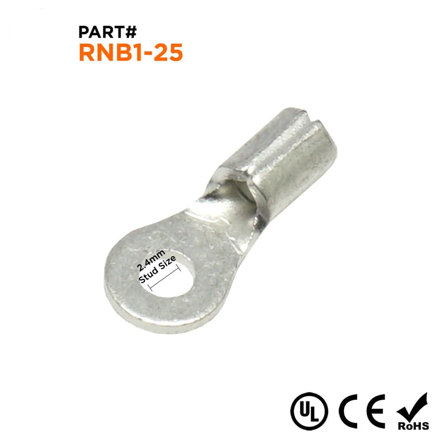 RNB1-2.5 - 22 to 16 AWG Non Insulated Ring Terminals, #2 Stud, UL Recognized, 100 Pieces