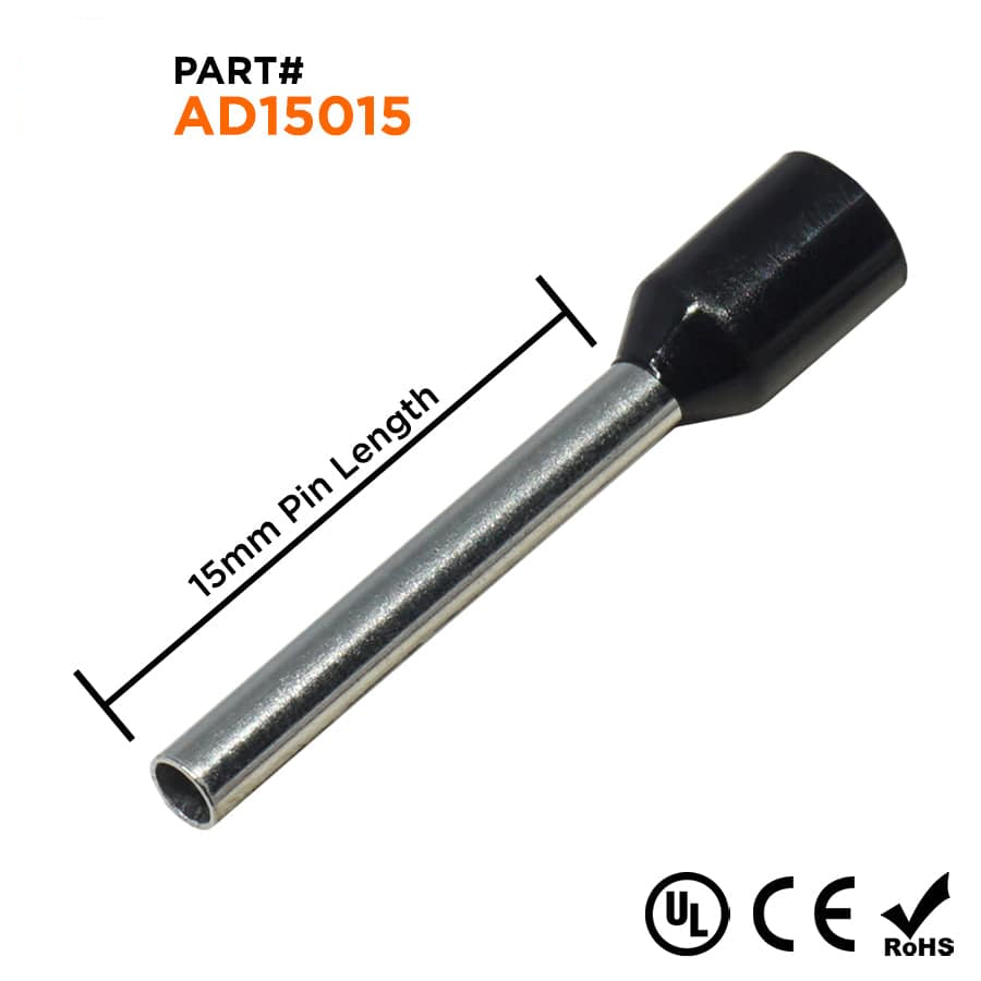 AD15015 - 16 AWG Insulated Wire Ferrules, 15mm Pin, Black, UL Recognized, 500 Pieces