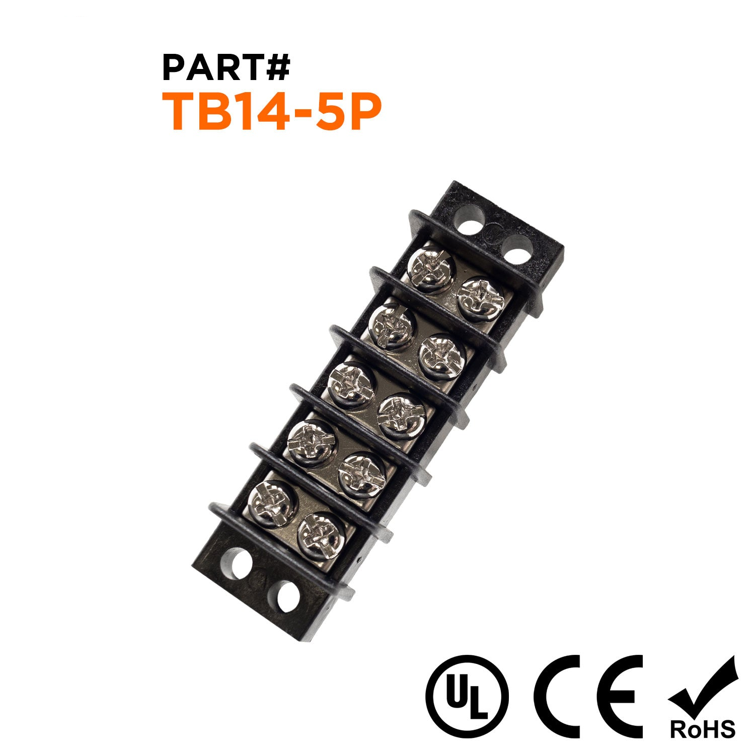 TB14-5P - Barrier Strip Terminal Block, Terminal Strip, 5 Pole, Double Row, 15A, 300V, UL Approved, 1 Piece