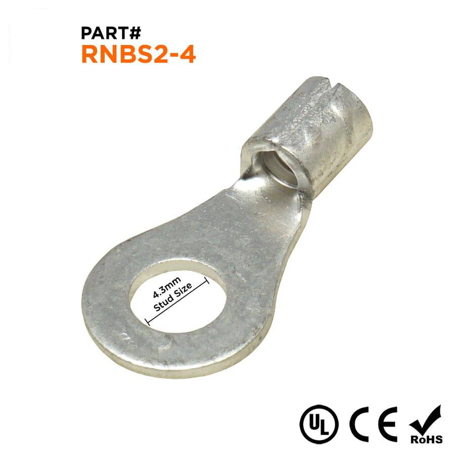 RNBS2-4 - 16 to 14 AWG Non Insulated Ring Terminals, #8 Stud, UL Recognized, 100 Pieces