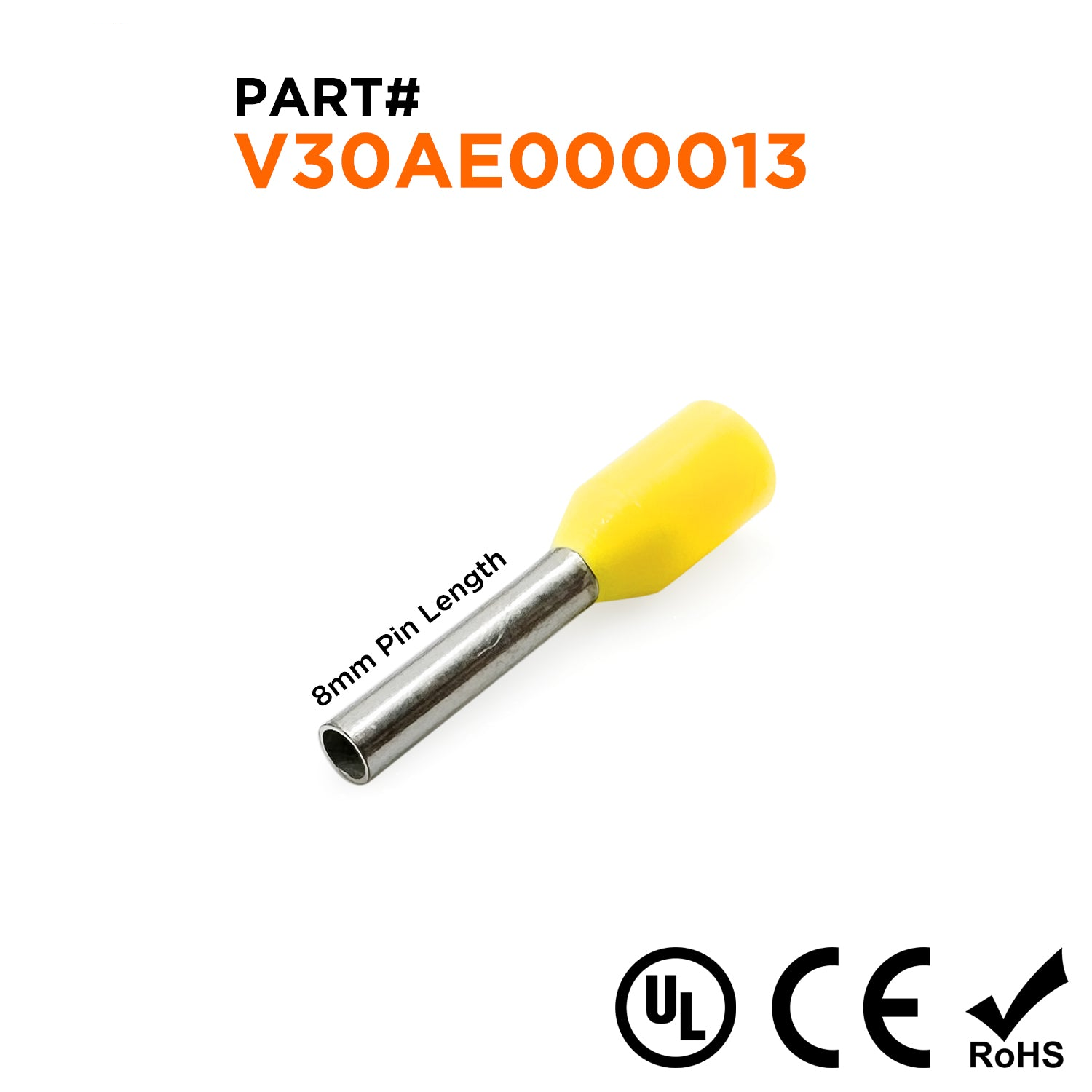 Z+F V30AE000013 - 18 AWG Insulated Wire Ferrules, 8mm Pin, Yellow - 500 Pieces