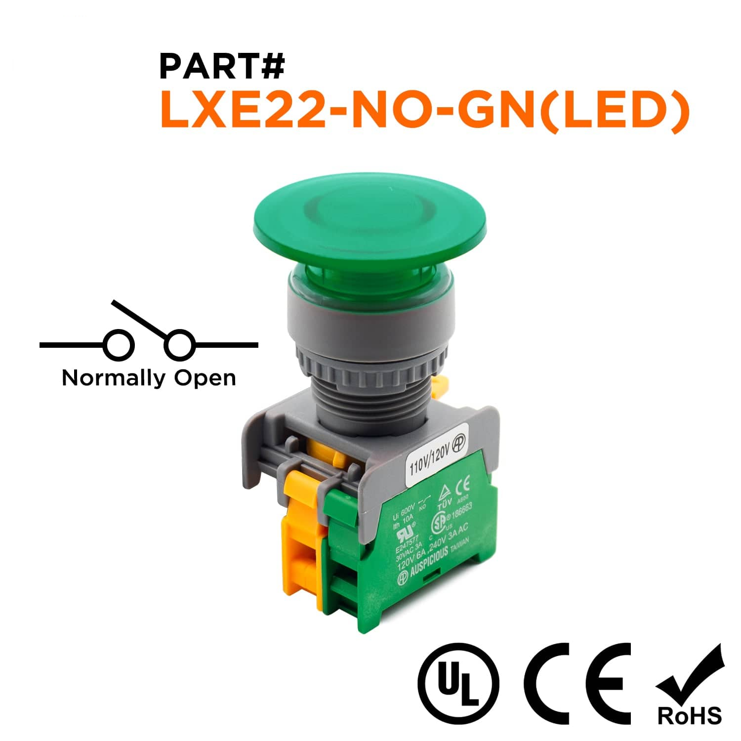 LXE22-NO-G(LED) - 40mm Verde Illuminated Mushroom Head Push Button, LED, (NO), 1 pieza