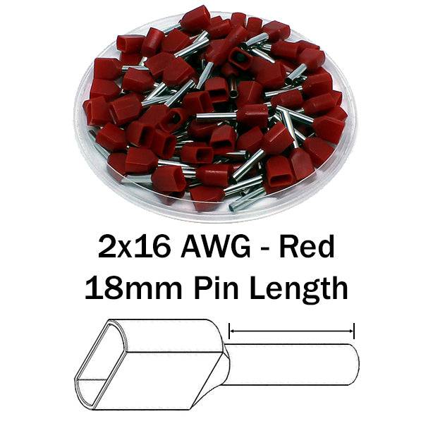TW15018 - 16 AWG Twin Wire Ferrules, 18mm Pin, Red, 500 Pieces
