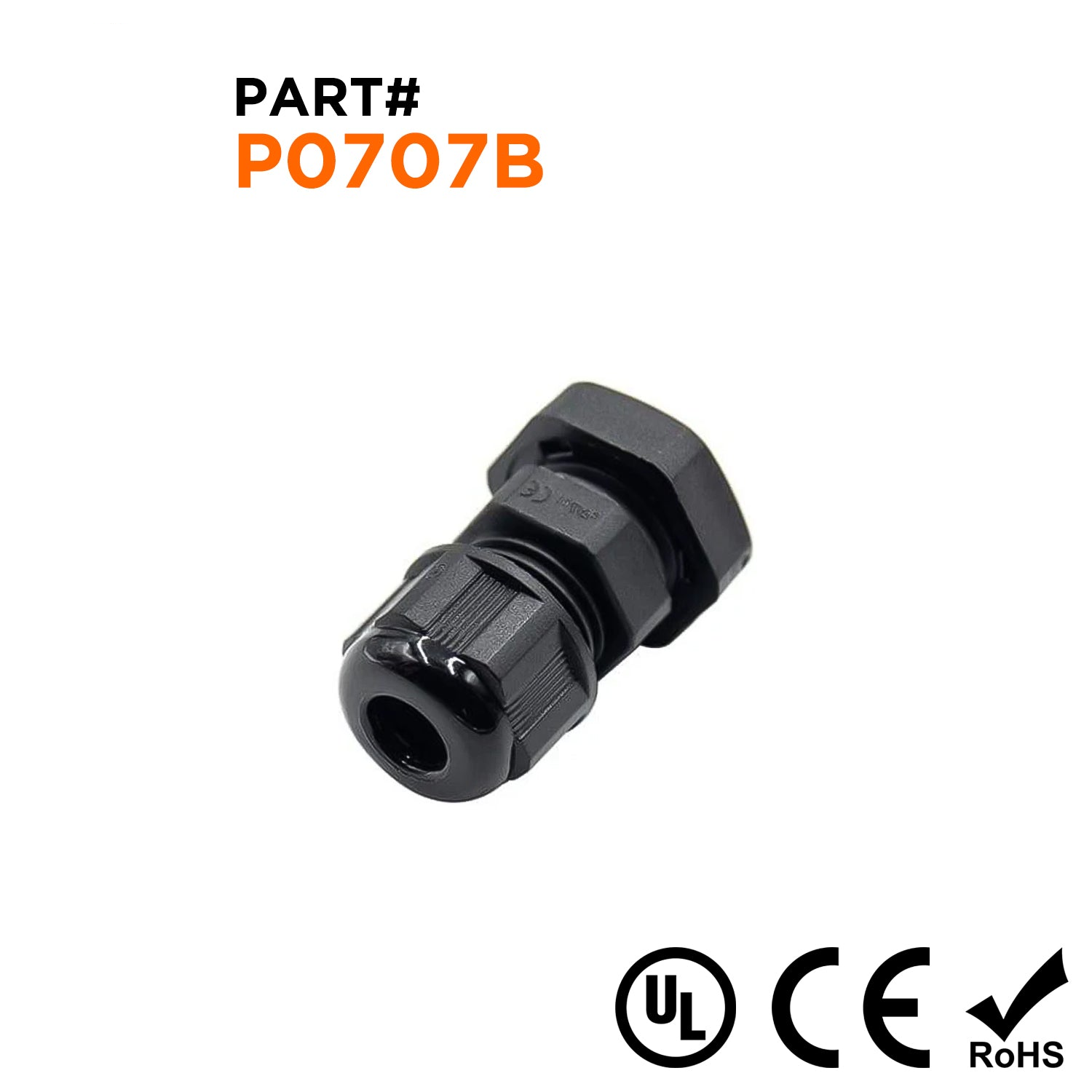 P0707B - PG7 Thread Nylon Cable Gland, Black, Range: 1/8" to 1/4", UL Listed, IP68, IP69K -  1 Piece