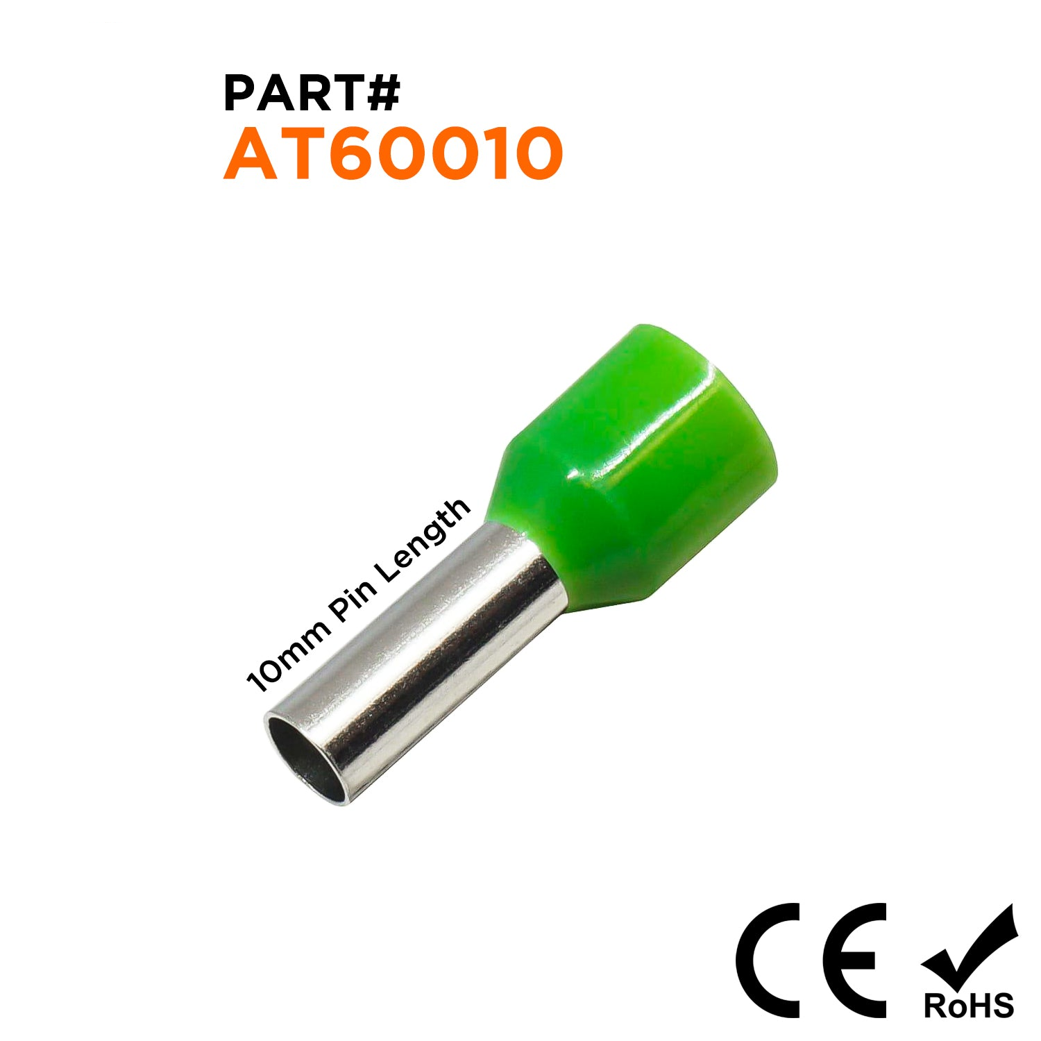 AT60010 - 10 AWG Insulated Punteras, 10mm Pin, Verde, 100 piezas