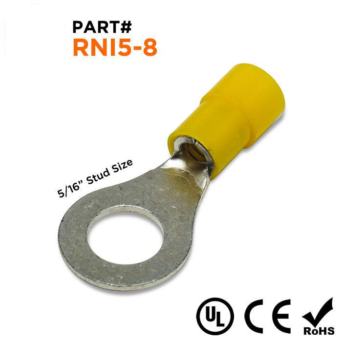 RNI5-8 - 12 a 10 AWG Polycarbonate Terminales de anillo, 5/16" Orificio, 100 piezas