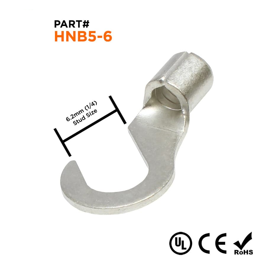 HNB5-6 - 12 to 10 AWG Non Insulated Hook Terminals, 1/4" Stud, UL Recognized, 100 Pieces
