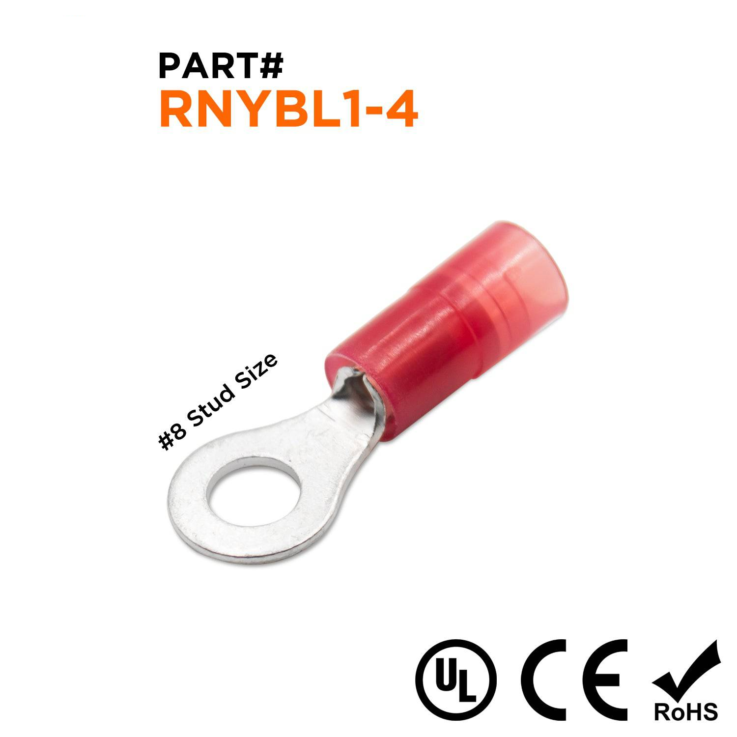 RNYBL1-4 - 22 to 16 AWG Nylon Insulated Ring Terminals, #8 Stud, 100 Pieces