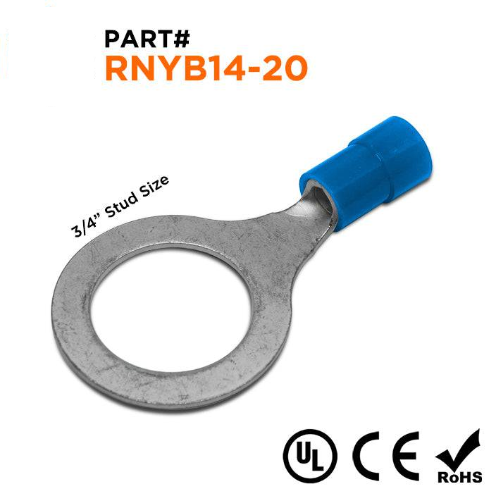 RNYB14-20 - 6 AWG Nylon Insulated Ring Terminals, 3/4" Stud, 10 Pieces