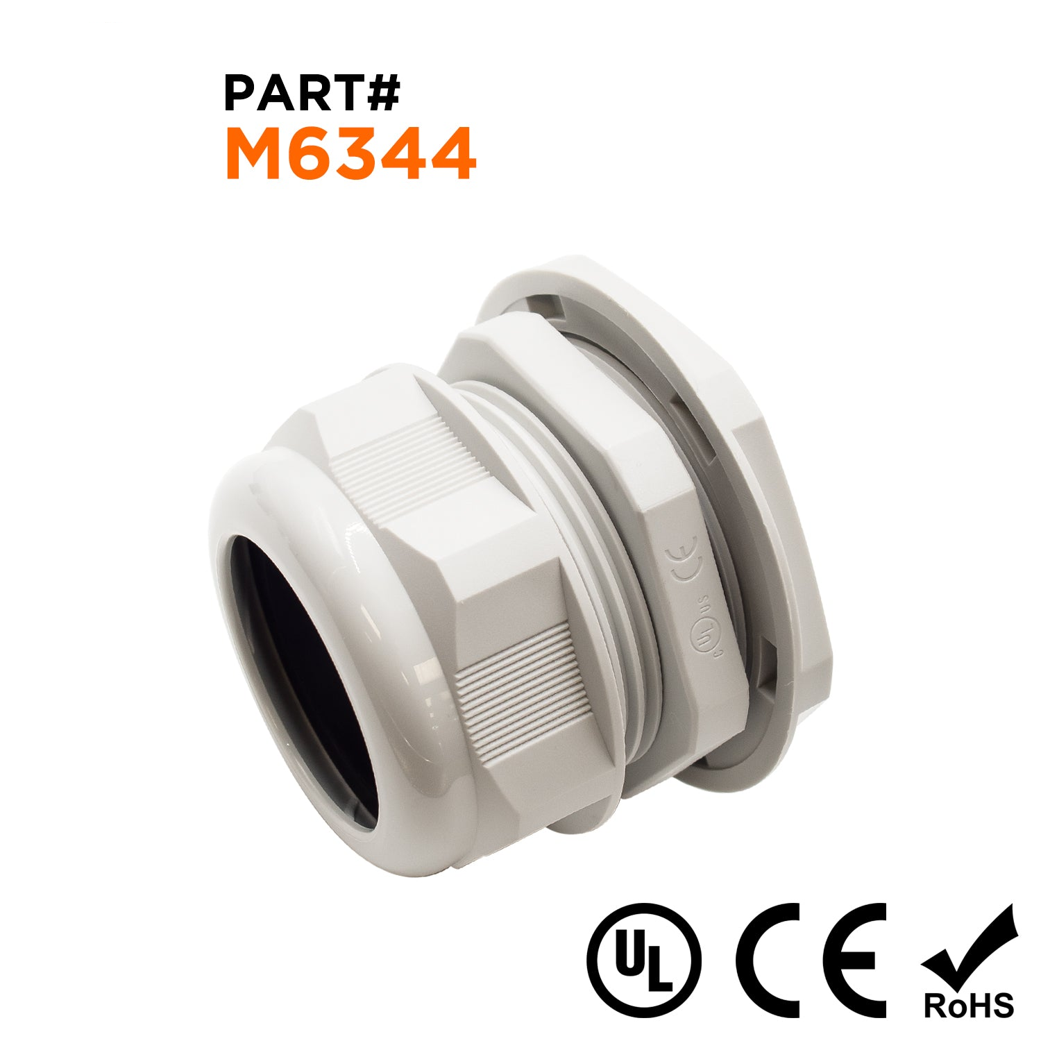 M6344GY - M63 x 1.5mm Metric Rosca De nailon Prensaestopas, Gris, Rango: 1-7/16" a 1-3/4", UL Recognized, IP68