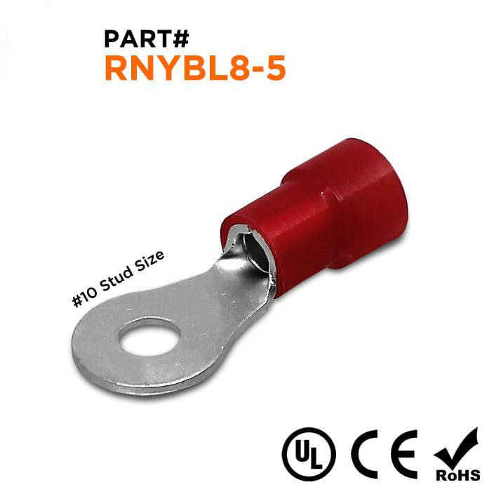 RNYBL8-5 - 8 AWG Con aislamiento de nailon Terminales de anillo, #10 Orificio, Brazed Seam, 50 piezas