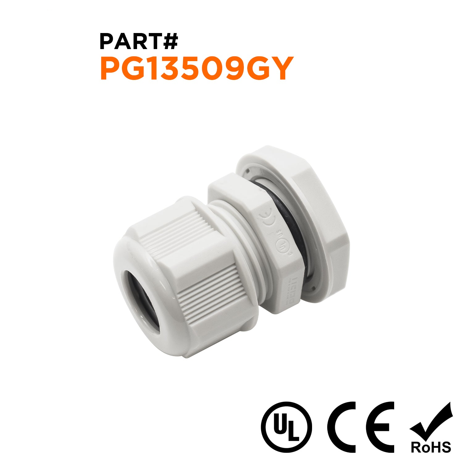 P13509GY - PG13.5 Thread Nylon Cable Gland, Gray, Range: 3/16" to 3/8", UL Listed, IP68, IP69K - 1 Piece