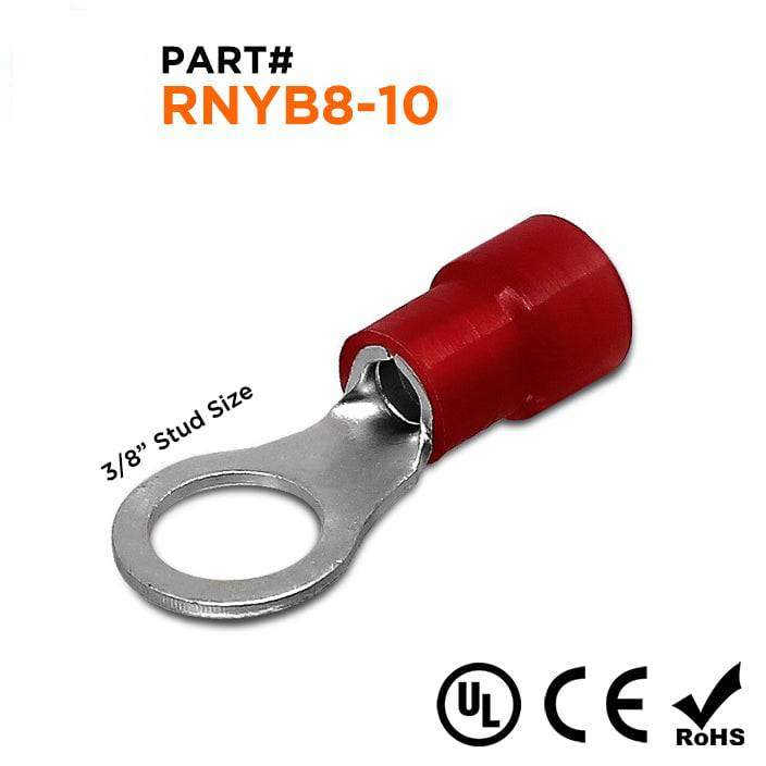 RNYB8-10 - 8 AWG Nylon Insulated Ring Terminals, 3/8" Stud, 50 Pieces