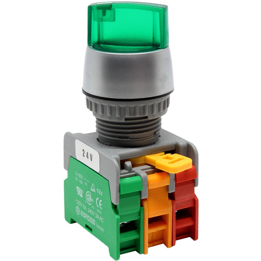 SL22-1O/C-24-GN - Illuminated Twist Knob Switch - 2 Contact (1O/C) - 2 Positions (1-2) - 24V - Green
