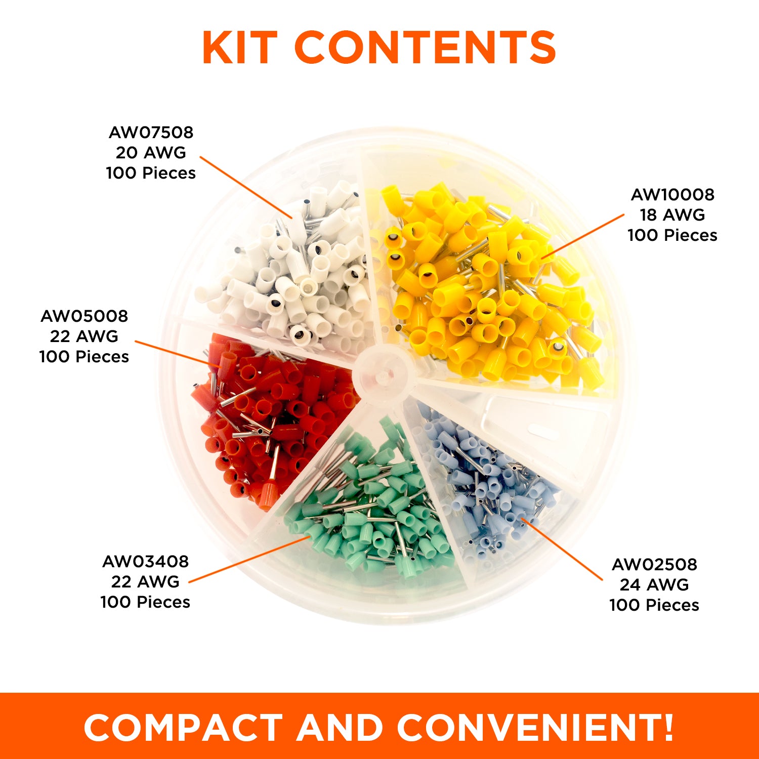 SK2418W - 24 to 18 AWG Single Insulated Wire Ferrules Mini Kit, 500 Pieces, Series W, 1 Kit