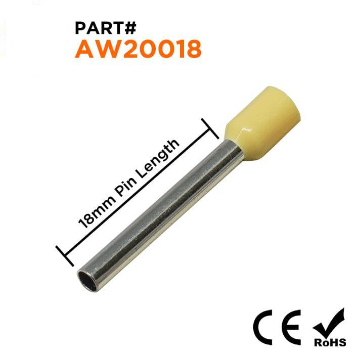 AW20018 - 14 AWG (Small Diameter) Insulated Punteras, 18mm Pin, Amarillo, 500 piezas